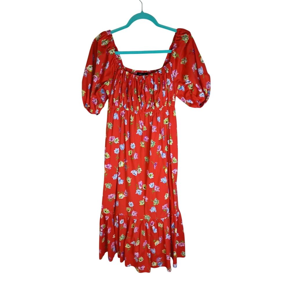 Kate Spade New York Tulip Toss Puff-Sleeve Midi-Dress in Tomato Toss - Medium